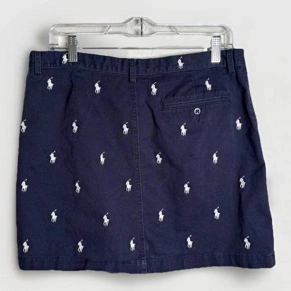 Polo Ralph Lauren Navy Blue All Over Embroidered Pony Logo Preppy Mini Skirt - Picture 5 of 8